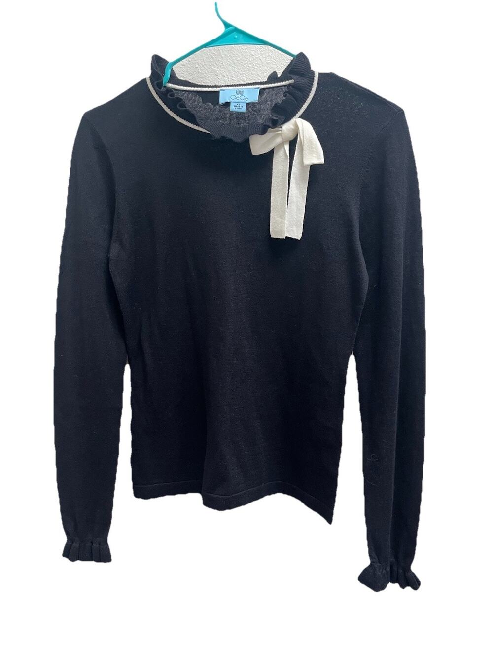 CeCe Women XS Black Sweater Ivory Bow Ruffle Mock Neck Sleeves Coquette Preppy